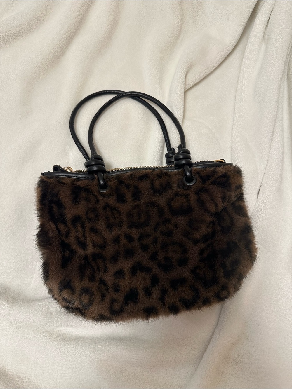 Leopard-Print Faux Fur Tote Bag with Black Handles